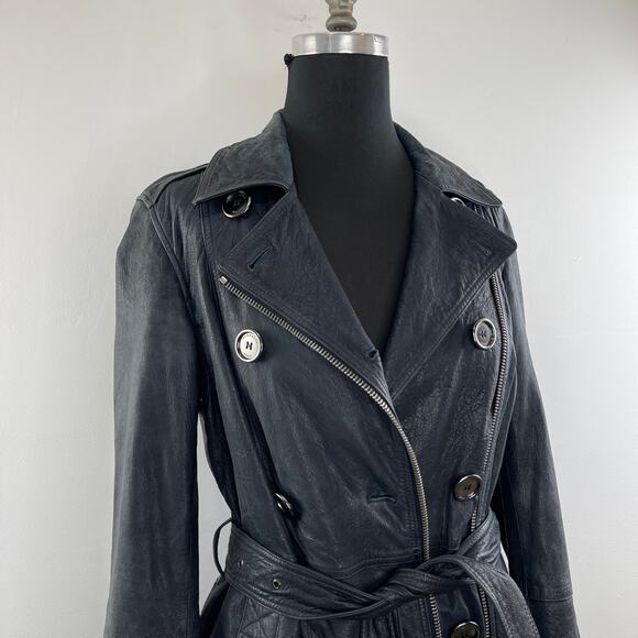 Burberry Brit Dark Blue Distressed Leather Belted Trench Coat Jacket US 6 UK 8 - Picture 2 of 16
